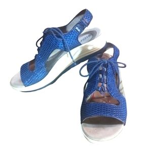 Bionica Comfort Wedge Sandals  Lace Up Leather Upper Blue Metallic Elastic Back